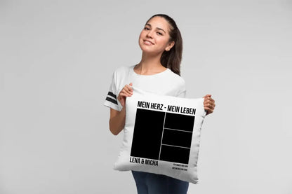 Weiße dekorative kissen mit schwarzem text mein herz mein leben und rechteckigen foto platzhaltern für lena und micha