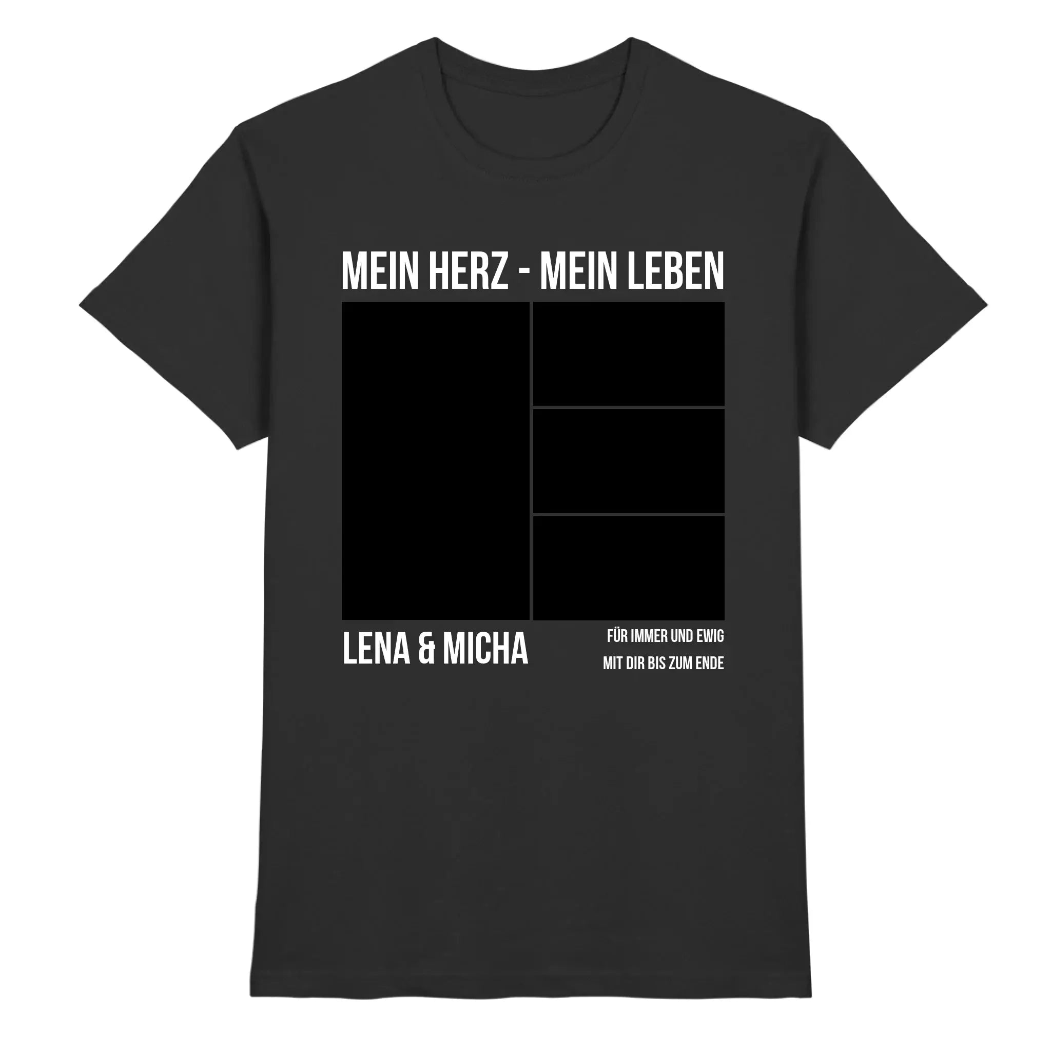 Schwarzes baumwoll t-shirt mit weißem text und schwarzem raster design personalisiert mit mein herz mein leben lena und micha