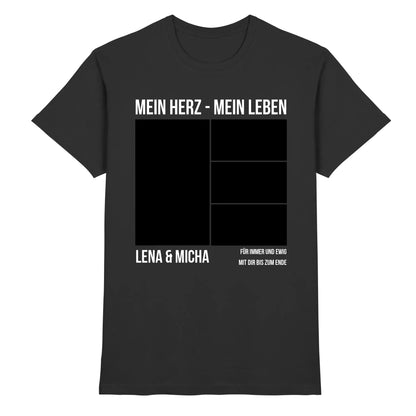 Schwarzes baumwoll t-shirt mit weißem text und schwarzem raster design personalisiert mit mein herz mein leben lena und micha