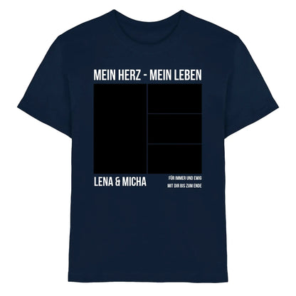 Navy blaue baumwoll t shirt mit weißem text und schwarzen rechteckigen fotoplatzhaltern personalisierte collage