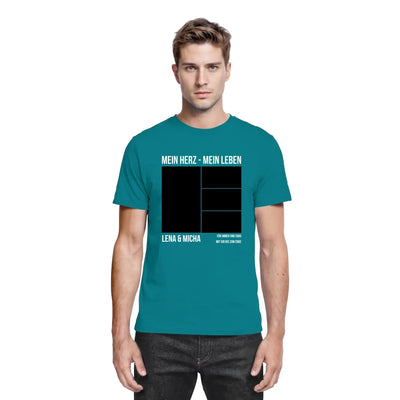 Tealfarbenes baumwollshirt mit schwarz weißem graphic design mein herz mein leben und namen lena und micha