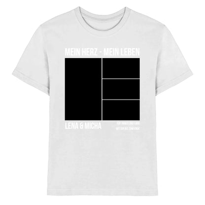 Weißen baumwoll-t-shirt mit minimalistischer schwarzer grafik mein herz mein leben lena und micha aus der statement-collection