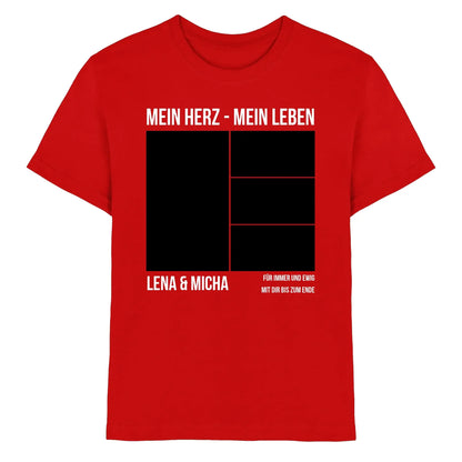Rotes cotton t-shirt mit boldem schwarz-weißem statement-design mein herz mein leben und personalisierter collage