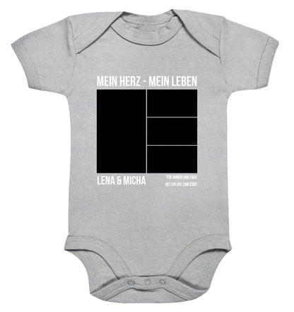 Grauer babystrampler mit schwarzem weißem grafikdesign mein herz mein leben lena und micha personalisiert