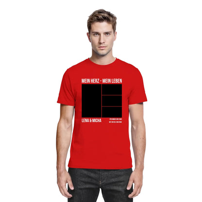 Rotes Baumwoll-t-shirt mit schwarzem weißem Grafikdesign mein herz mein leben und personalisiertem Wunschtext