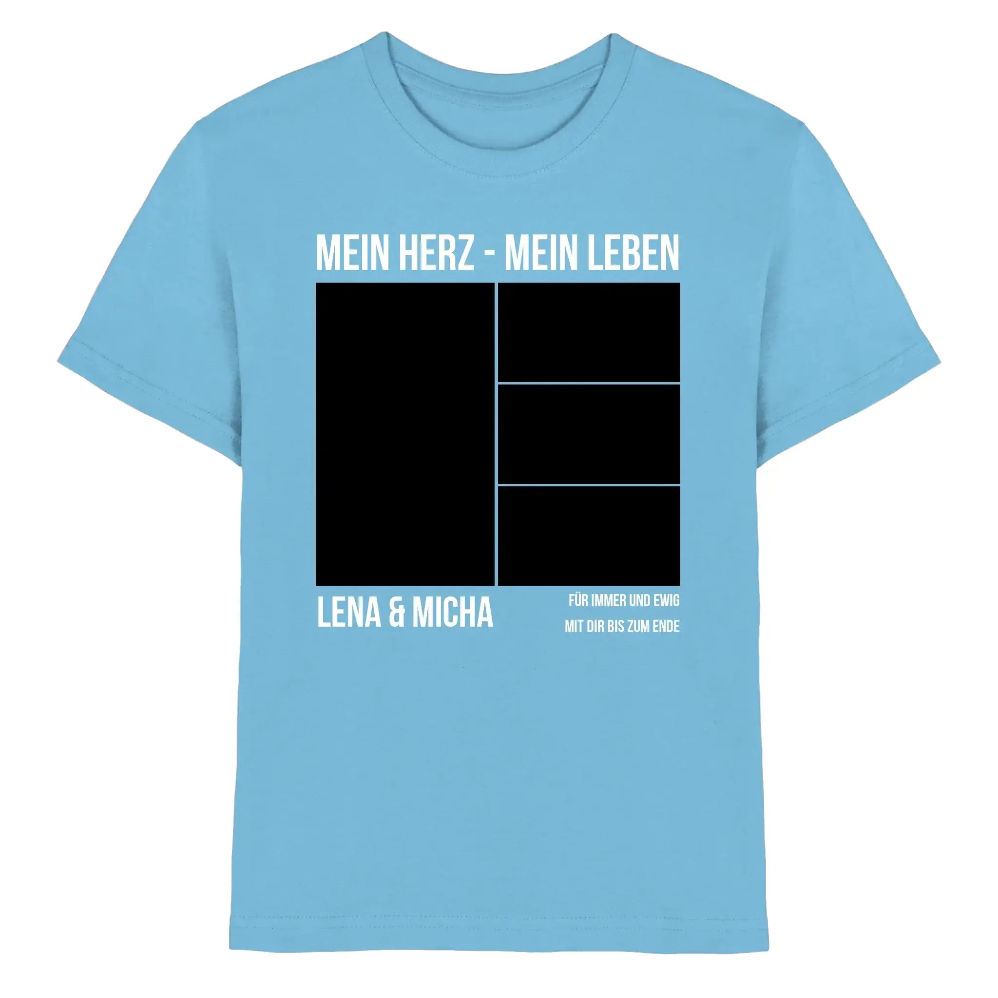 Hellblaues kurzarmshirt mit schwarz-weißem grafikdesign mein herz mein leben collage und personalisierten wunschtext