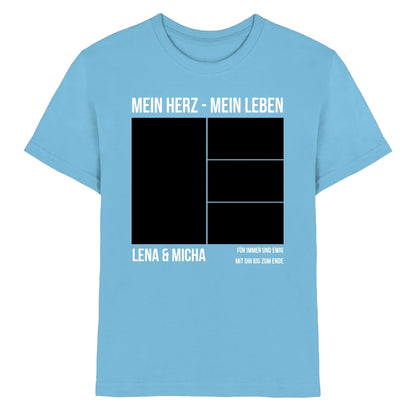Hellblaues kurzarmshirt mit schwarz-weißem grafikdesign mein herz mein leben collage und personalisierten wunschtext