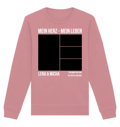 Ein weicher rosa langarm-sweatshirt mit schwarz-weißem grafikdesign und wunschtext mein herz mein leben