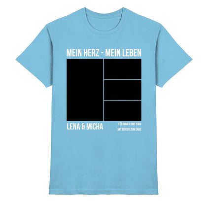 Hellblaues baumwollshirt mit schwarzem und weißem grafikdruck mein herz mein leben und lena und micha text