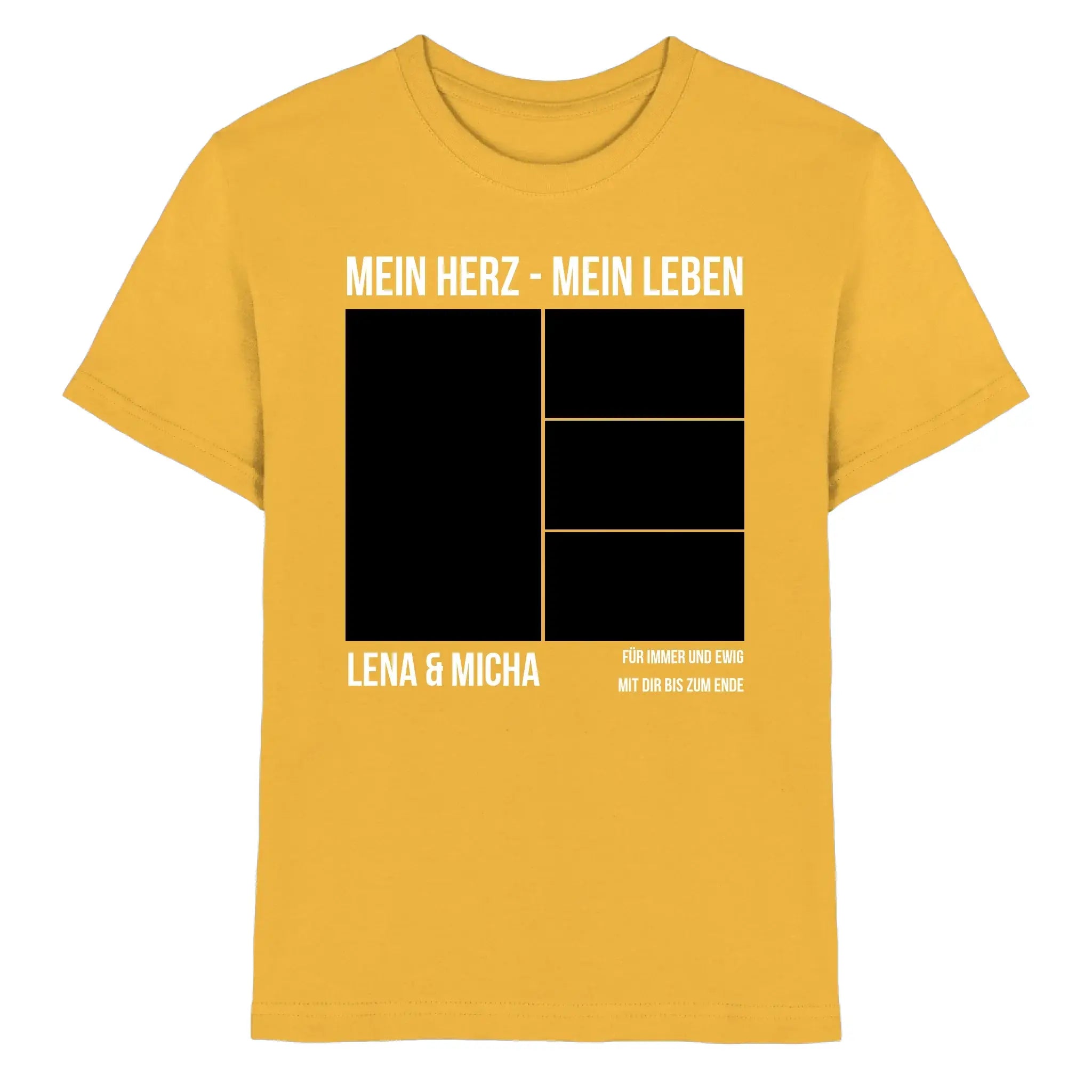 Mein fotomotiv 14 statement-collection t-shirt in senfgelb mit schwarzem weißem grafikprint und wunschtext lena & micha