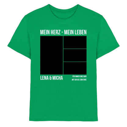 Grünes kurzarmshirt mit schwarzem und weißem statement motiv mein herz mein leben lena und micha personalisiert