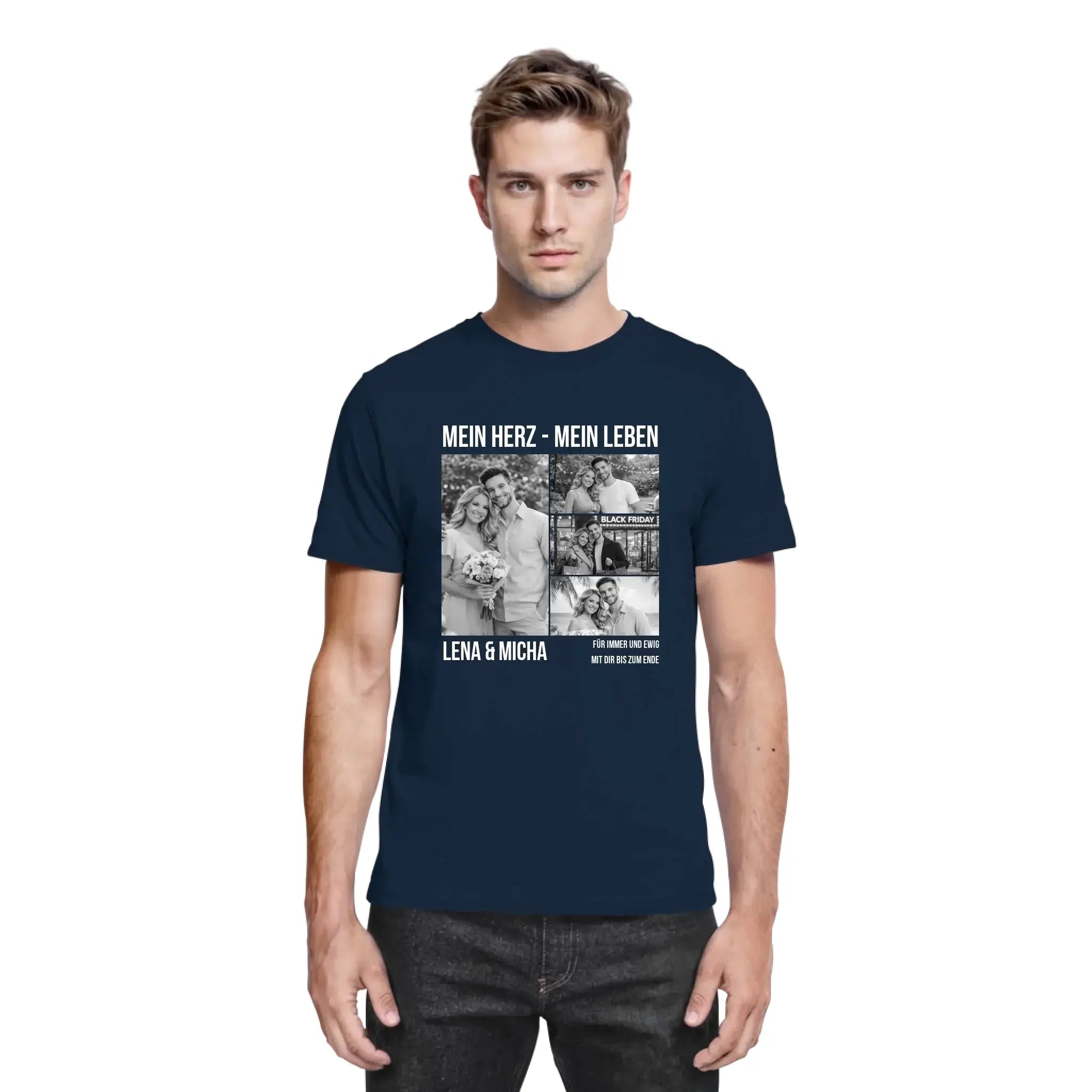 Navyblaue baumwoll t shirt mit schwarz weiß fotocollage und weißem text personalisiert aus der statement collection
