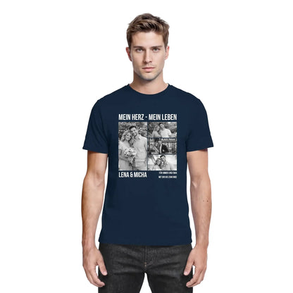 Navyblaue baumwoll t shirt mit schwarz weiß fotocollage und weißem text personalisiert aus der statement collection