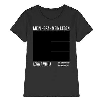 Schwarzes kurzarmshirt mit weißem text und schwarzem fotorahmen design aus der statement-collection personalisiert