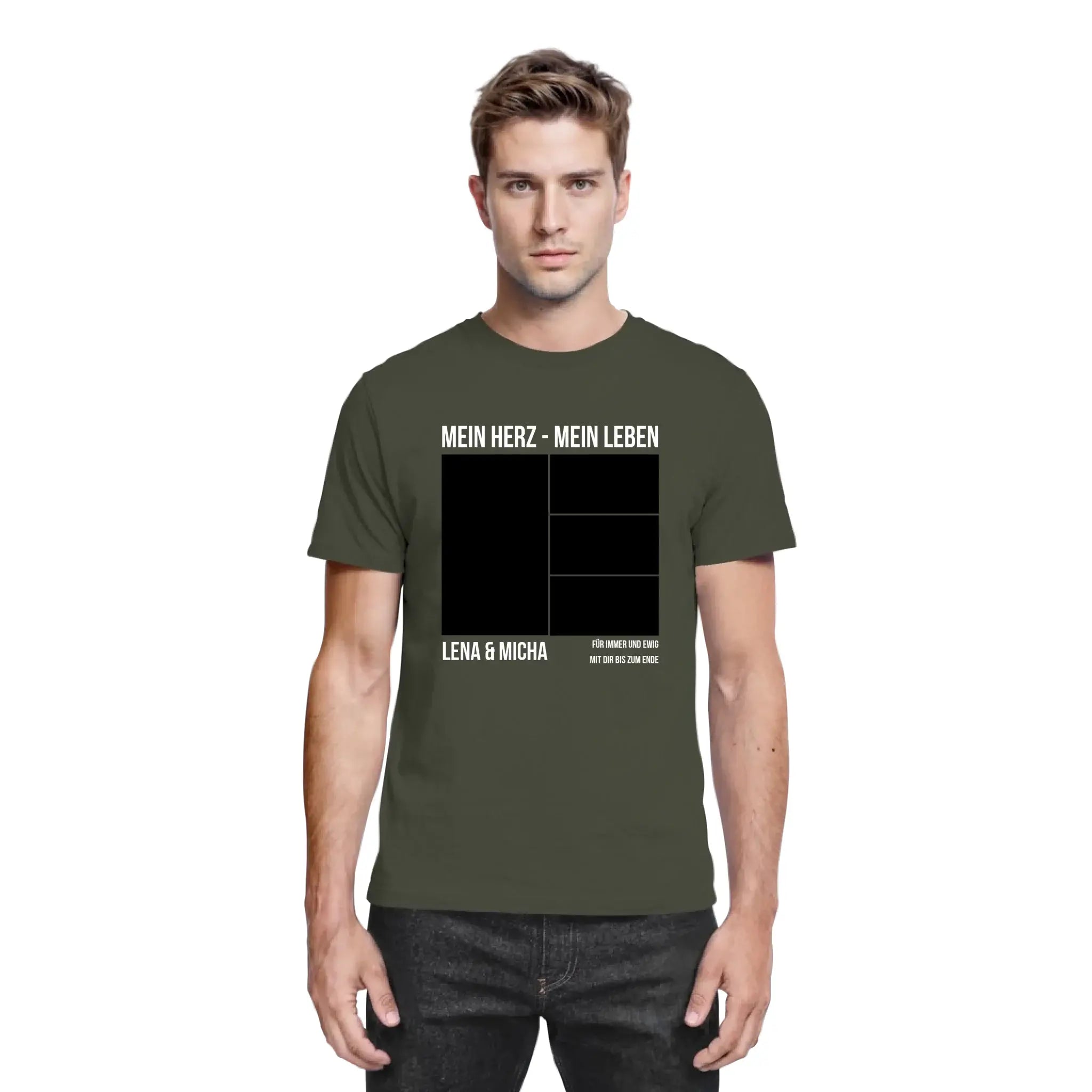 Olivegrünes baumwolltshirt mit schwarzem grafikprint weißem text und rasterlinien aus der statement-collection