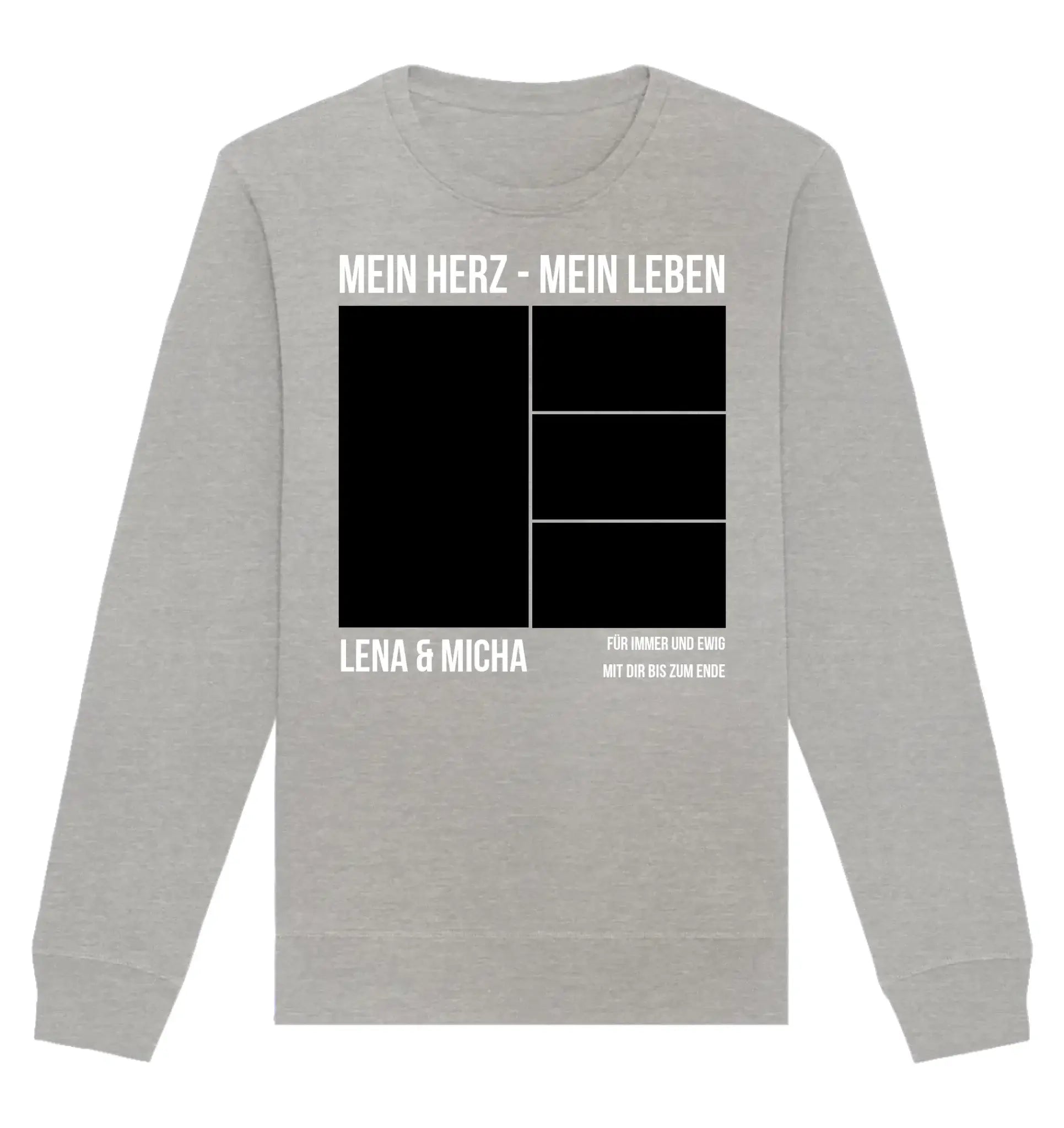 Heather graues langarm sweatshirt mit schwarzem weißem grafikdesign und deutschem text aus der statement collection