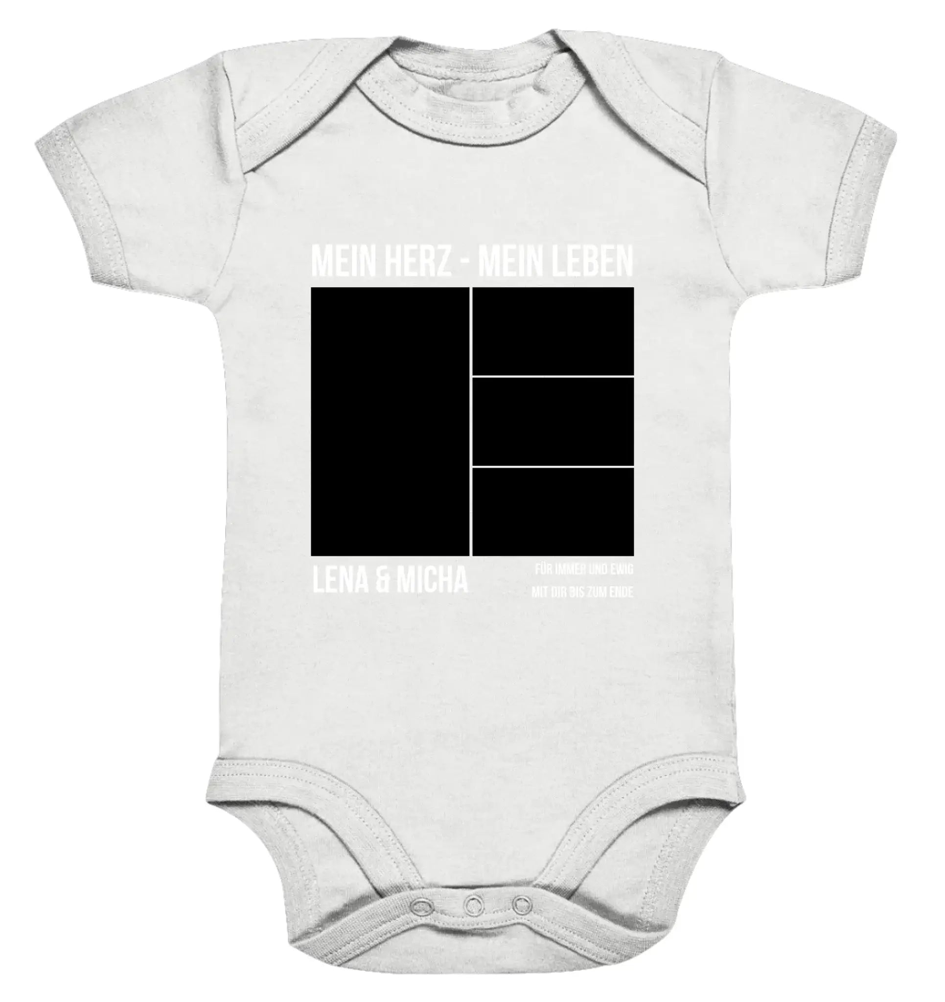 Weißes kurzarm baby strampler mit schwarzem mein herz mein leben motiv und personalisiert mit lena und micha