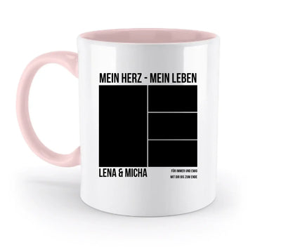 Weiße keramiktasse mit rosa griff und innenraum und schwarzem text plus fotoplatzhaltern mein fotomotiv 14 personalisiert