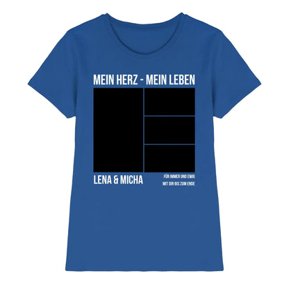 Blaues damen t-shirt mit schwarz weißem graphic mein herz mein leben und vier fotos mit namen lena und micha personalisiert
