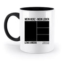Weiße keramiktasse mit schwarzem griff und innen, minimalistische collage mit fotoplatzhaltern und deutschem text