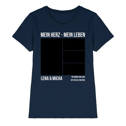 Navyblaues kurzarmshirt mit weißem text und schwarzem fotorahmen aus der statement-collection, personalisierbar