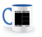 Weiße keramikmug mit blauem innenraum und griff, schwarzer text und fotoplatzhalter, personalisierte statement-collage