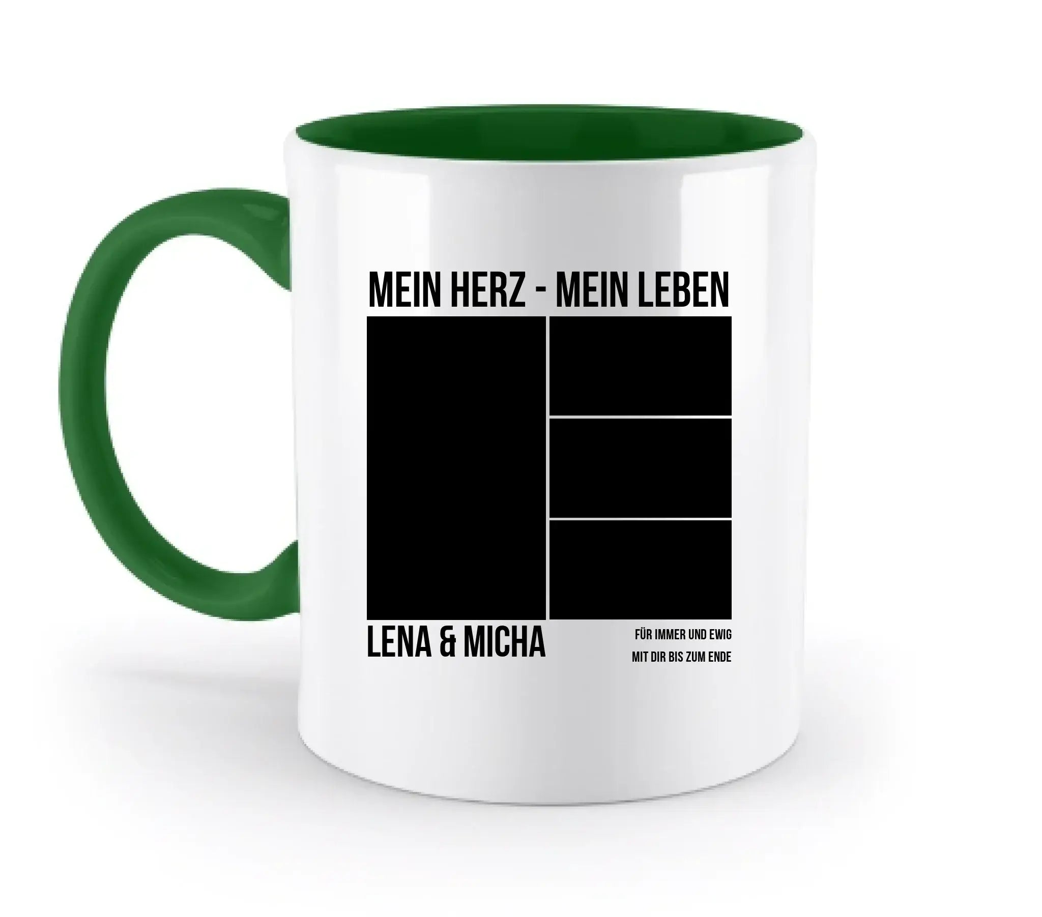 Weiße keramik tasse mit grünem innen- und henkelbereich, schwarzem design mein herz mein leben und fotoslots lena und micha