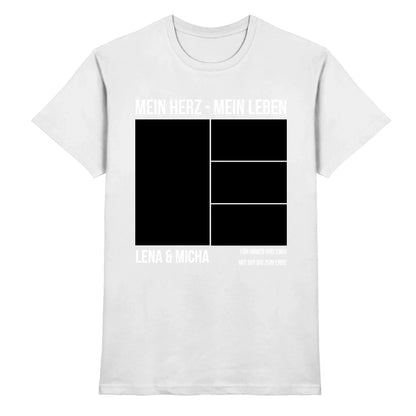 Weiße baumwoll t-shirt mit schwarzem grafikdruck mein herz mein leben lena & micha aus der statement collection personalisiert