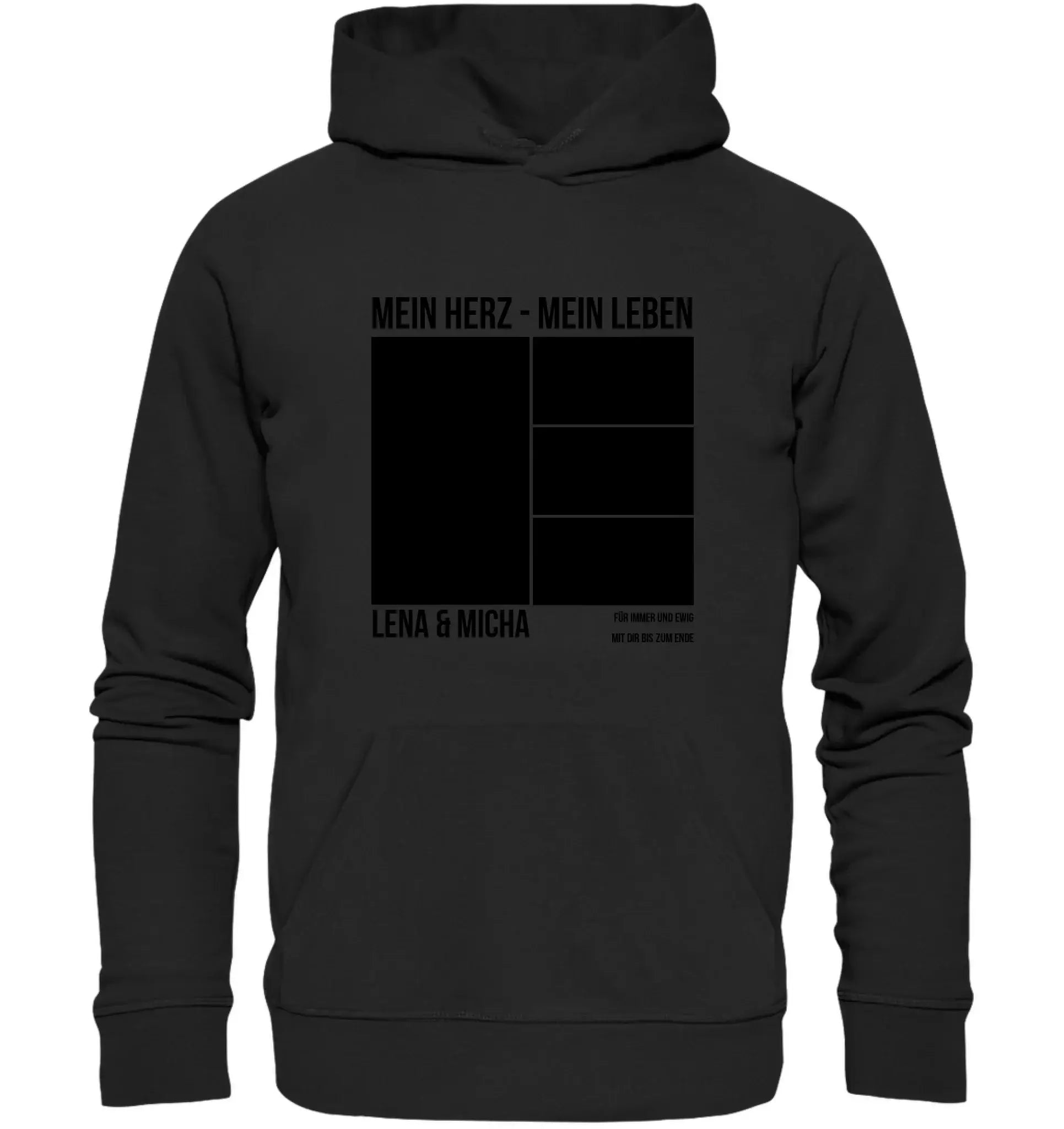 Schwarzer kapuzenpullover mit minimalistischem design mein herz mein leben und lena und micha in fetten buchstaben