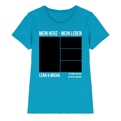 Ein türkisfarbenes damen t shirt mit kurzen ärmeln und schwarzem grafikprint mit weißem text aus der statement collection