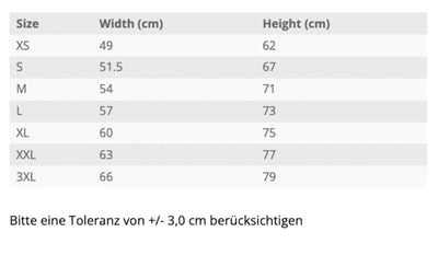 Size chart tabelle für mein fotomotiv 14 collage personalisiert mit maßen von xs bis 3xl in cm und tolerancehinweis