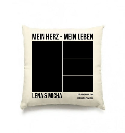 Creamfarbiges kissen mit schwarz bedrucktem text und fotoplatzhaltern aus der mein fotomotiv statement-collection