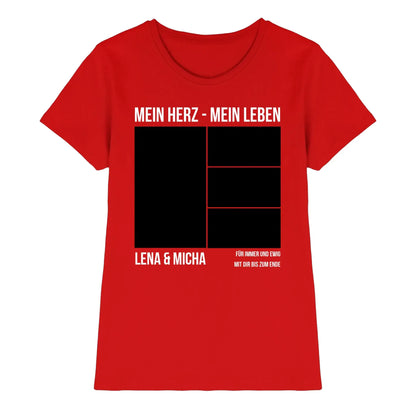 Vibrantes rotes damen-t-shirt mit kurzem arm und schwarzem weißem fotomotiv mein herz mein leben collage personalisiert