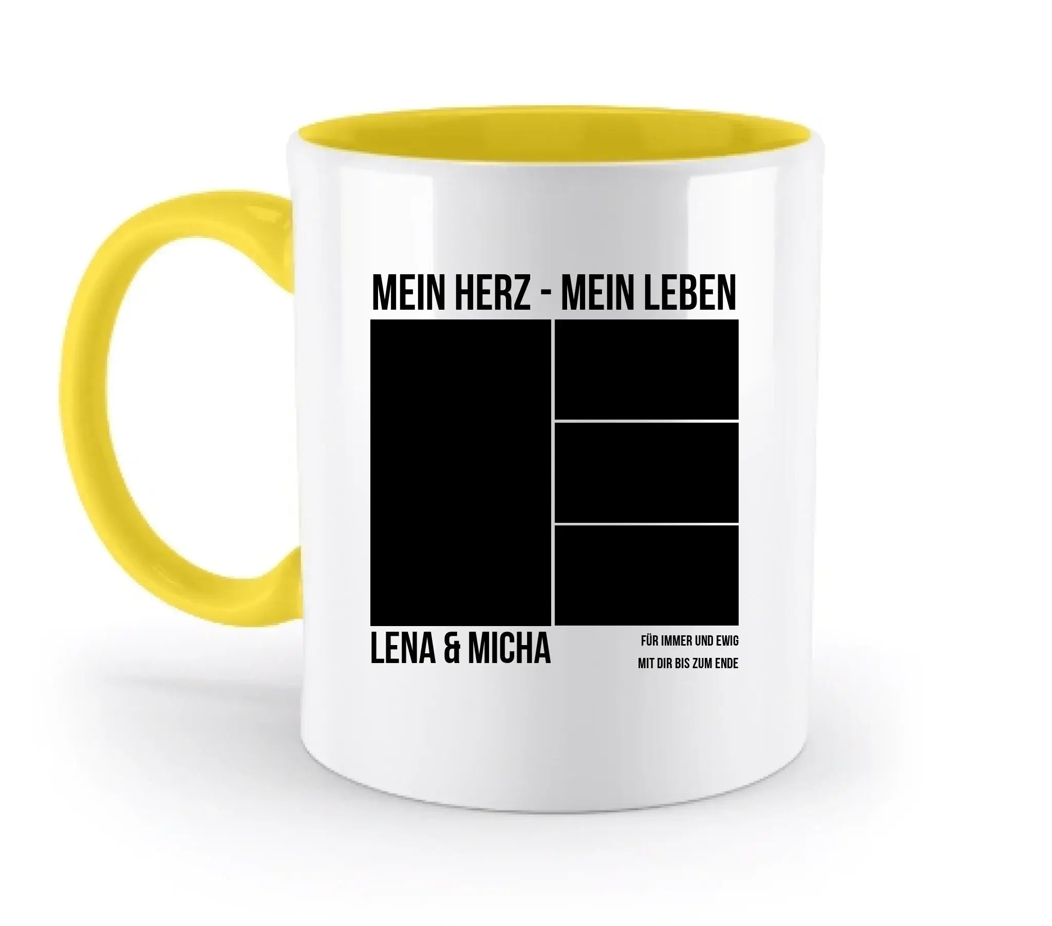 Weiße keramiktasse mit gelbem griff und innenbereich personalisiert mit fotomotiven und text der statement-collection