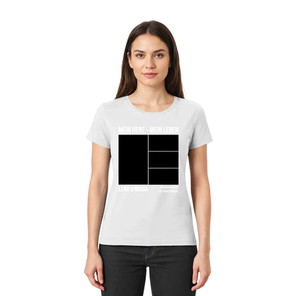 Hellgraues damen tshirt mit schwarz weißem grafikdesign aus text und geometrischen formen personalisiert