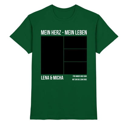 Dunkelgrünes baumwoll t-shirt mit schwarzem gitterdesign und weißem text mein herz mein leben lena und micha