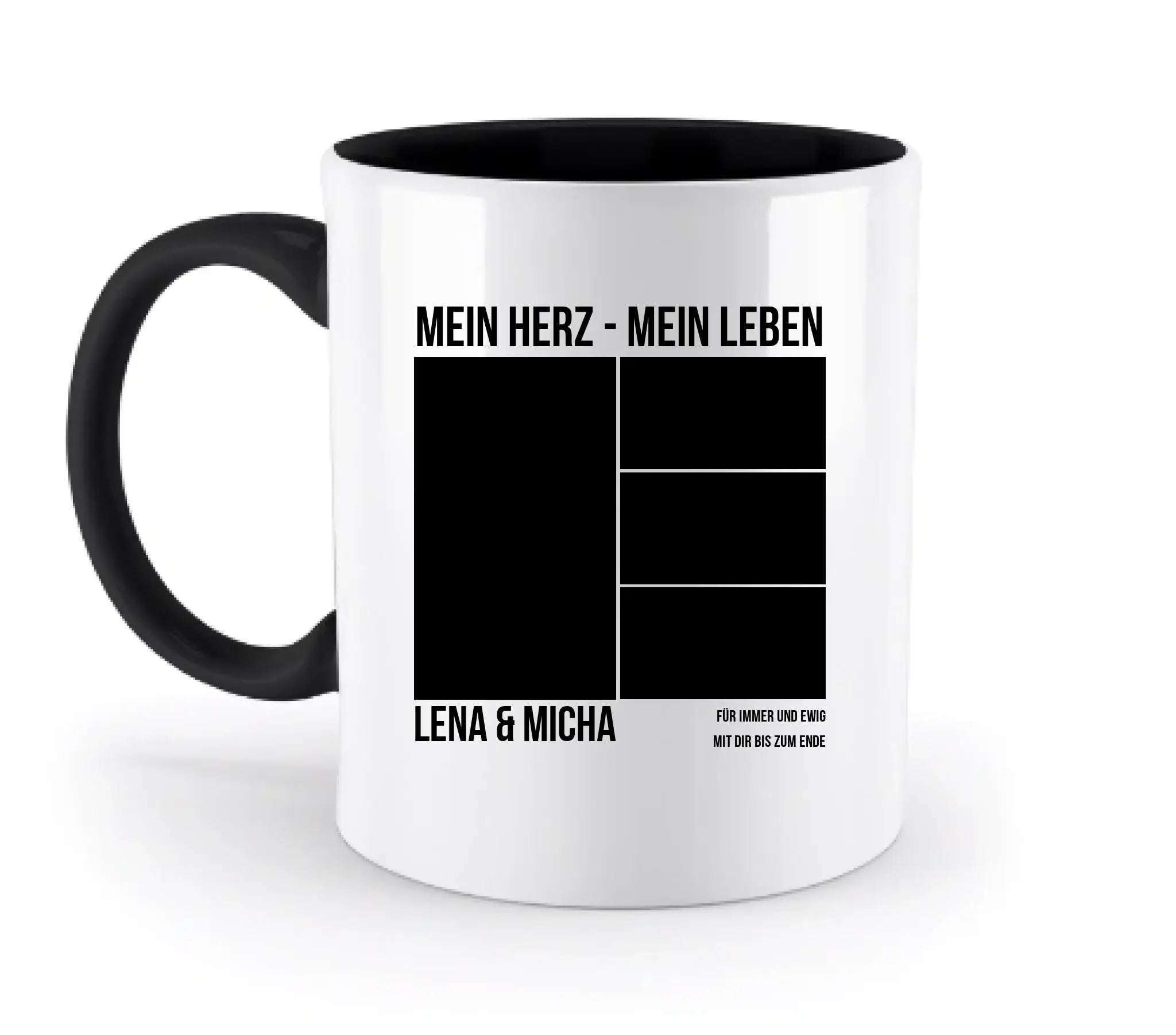 Weiße keramikmug mit schwarzem griff und innenraum personalisiert mit mein herz mein leben und fotos von lena und micha