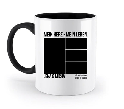 Weiße keramikmug mit schwarzem griff und innenraum personalisiert mit mein herz mein leben und fotos von lena und micha