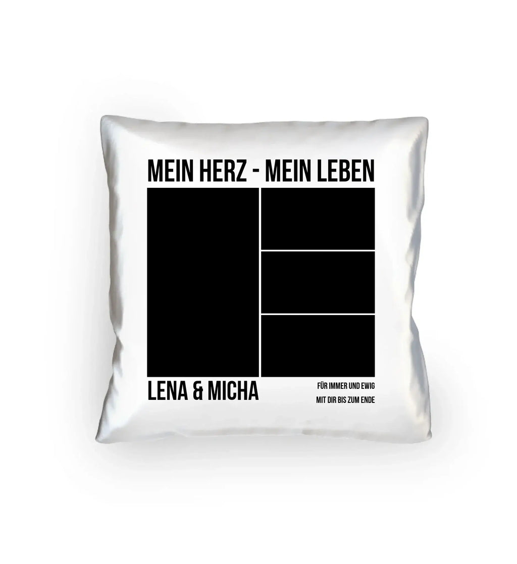 Weißes dekoratives kissen mit schwarzem textdruck und bilderrahmen personalisiert aus der statement-collection