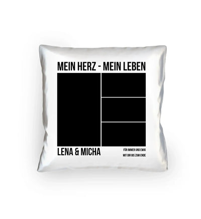 Weißes dekoratives kissen mit schwarzem textdruck und bilderrahmen personalisiert aus der statement-collection