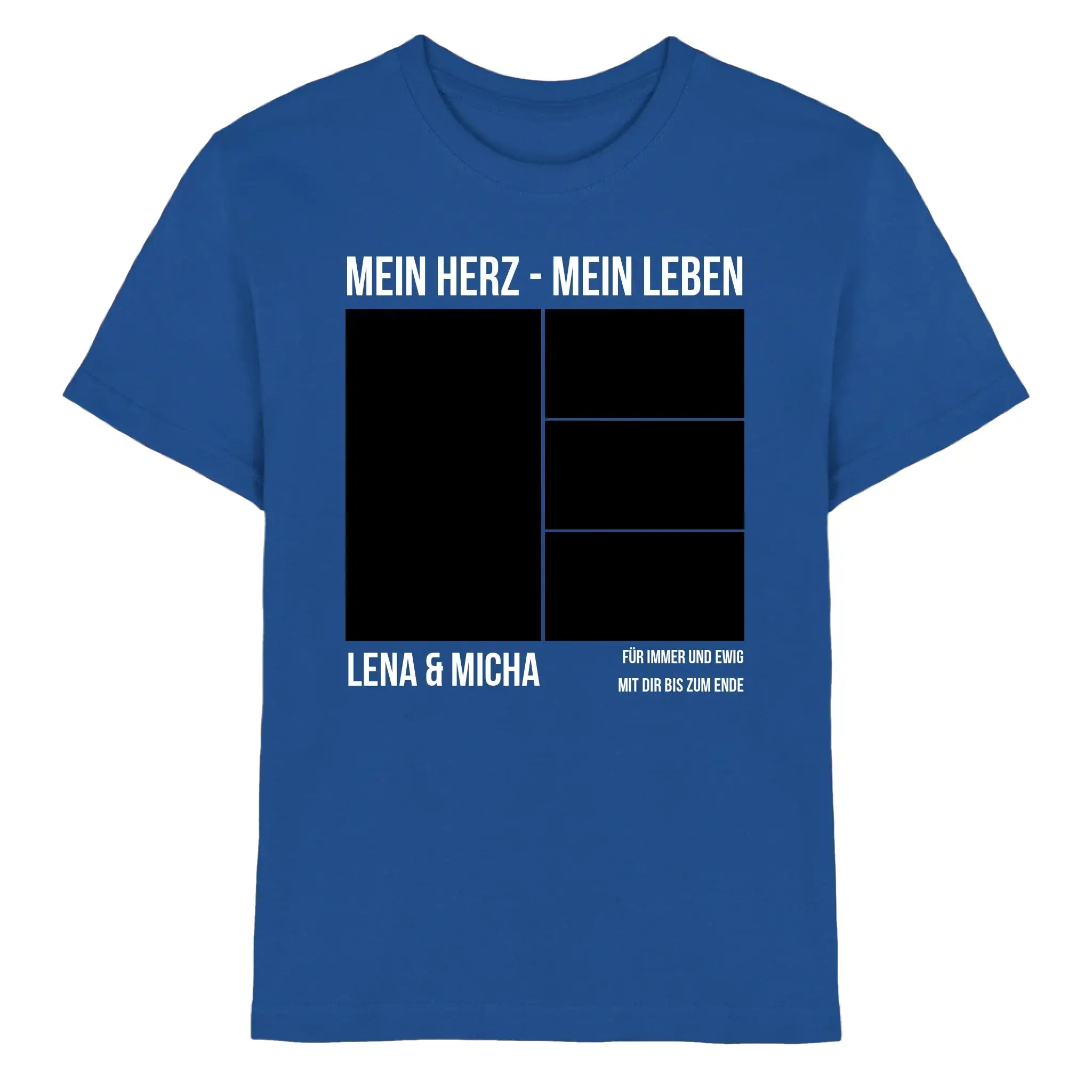 Blaues baumwoll t-shirt mit weißem mein herz mein leben print collage mit namen lena und micha personalisiert