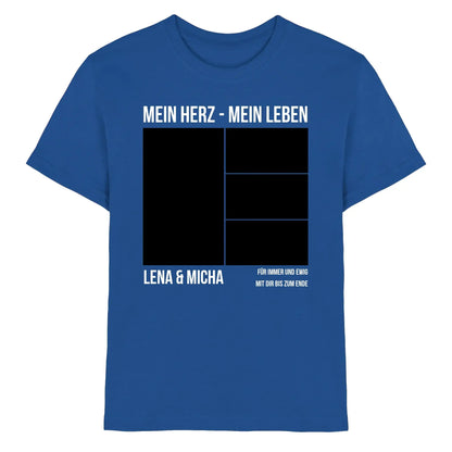 Blaues baumwoll t-shirt mit weißem mein herz mein leben print collage mit namen lena und micha personalisiert