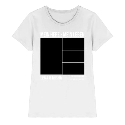 Weiße baumwoll t-shirt mit modernem schwarzen grafikdesign mein herz mein leben lena und micha statement collection