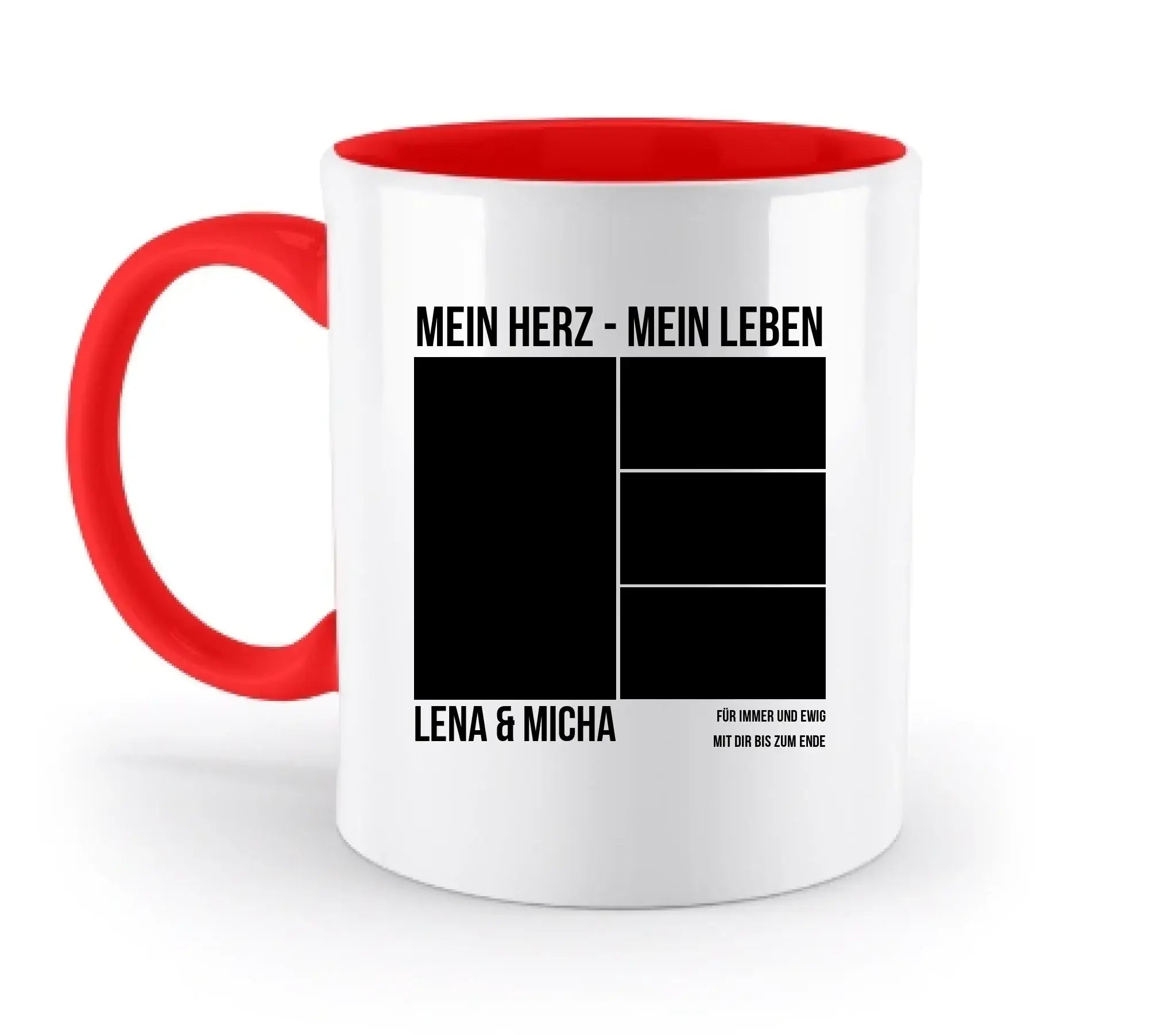 Weiße keramiktasse mit rotem griff und innenfarbe, schwarzem fotomotiv und textplätzen aus der statement-collection