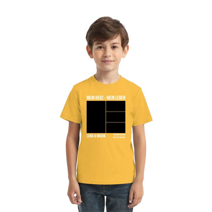 Gelbes kurzarmshirt mit schwarzem grafikdesign mein herz mein leben und den namen lena und micha personalisiert