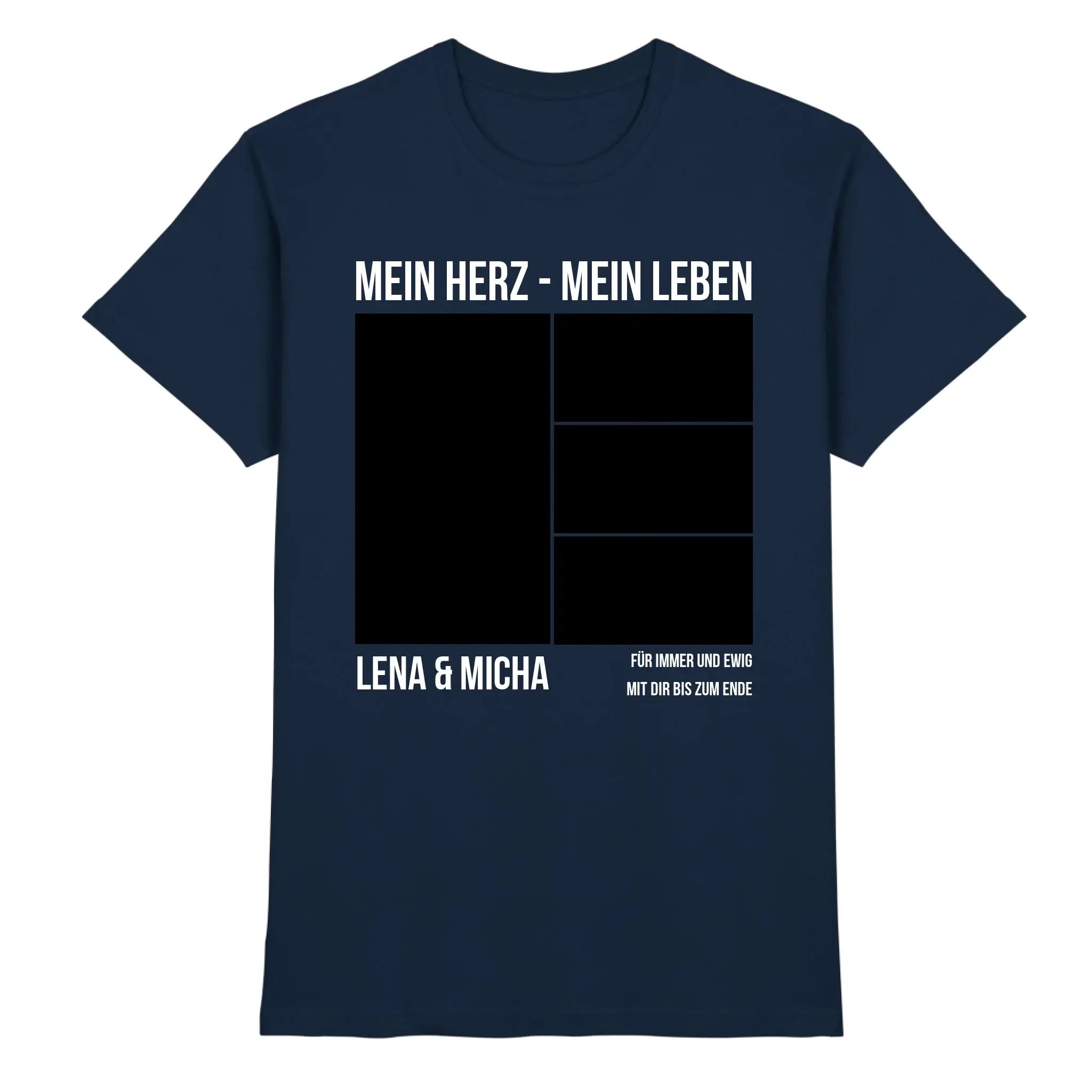 Navy blaues baumwoll t shirt mit weißem text und schwarzem fotomotiv collage design personalisiert