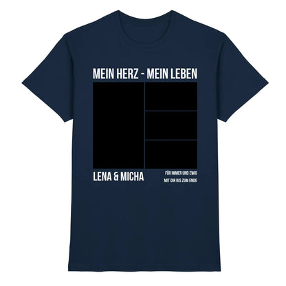 Navy blaues baumwoll t shirt mit weißem text und schwarzem fotomotiv collage design personalisiert