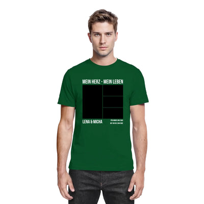 Dunkelgrünes baumwollshirt mit weißem text und schwarzem grafikdesign aus der statement-collection personalisiert