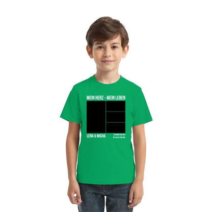 Grünes kurzarmshirt mit schwarzem motiv und weißem text mein herz mein leben lena und micha personalisiert