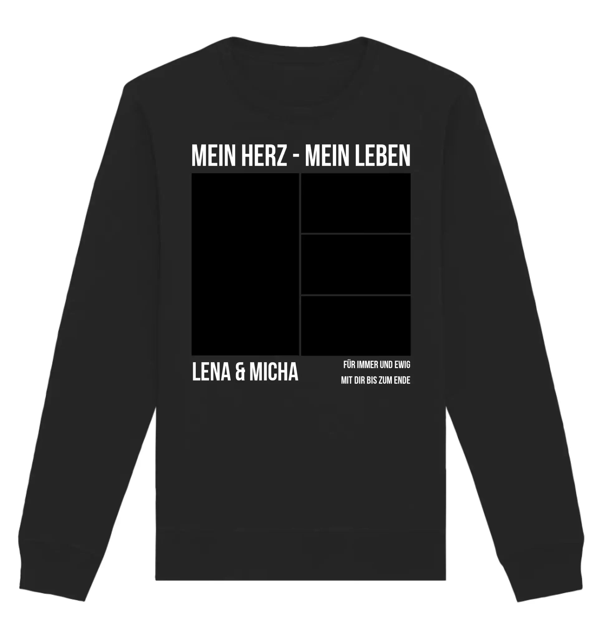 Schwarzes langarmshirt mit weißem text und schwarzem rechteckigem gitterdesign auf der rückseite personalisiert